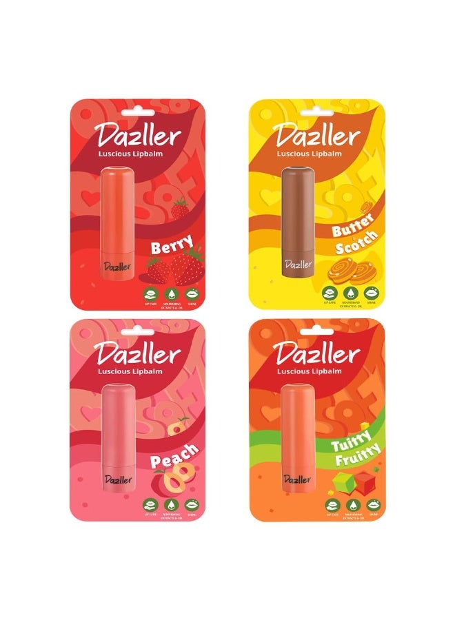 Dazller Luscious Lipbalm, 4G, Bonanza set of 4, Lip Care Essential, Glossy Tint, Soft and Nourished Lips All Day, No Discolouration, Vegan & Cruelty Multicolor - Image 1